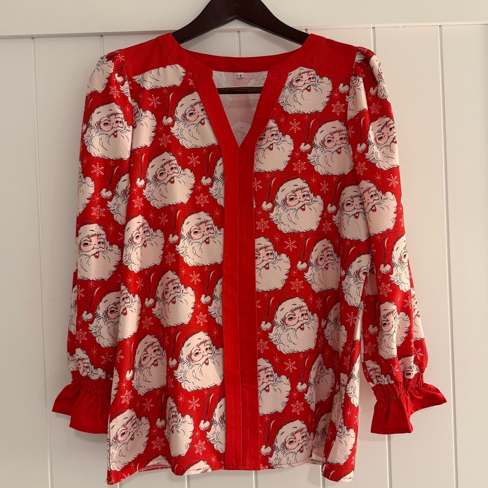 Festive Red Santa Print Women's Top Sz Small
